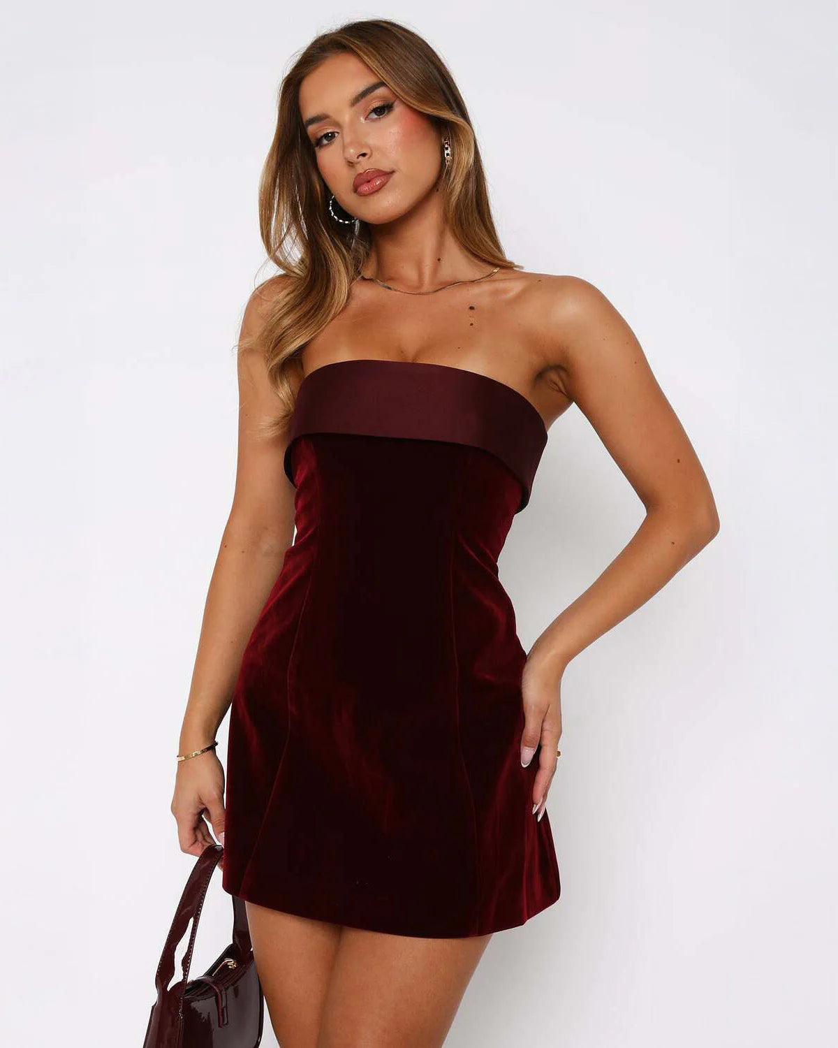 maud Velvet Strapless bodycon Mini Dress in wine Avalabel
