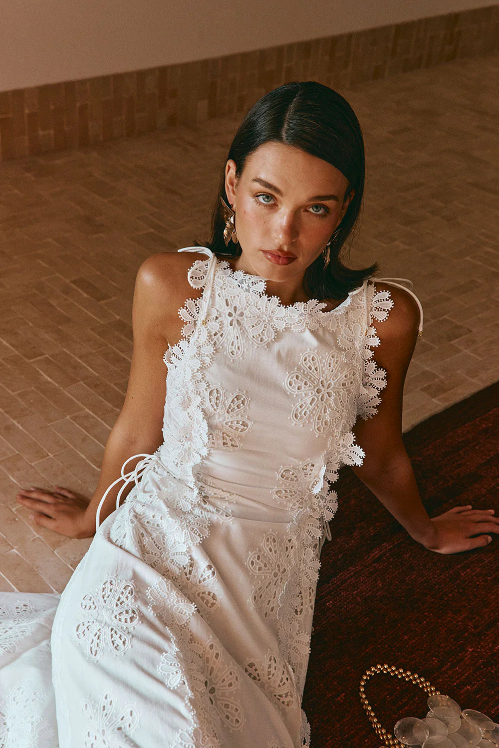 Lace Trim Embroidery Hollow Midi Dress in White Avalabel