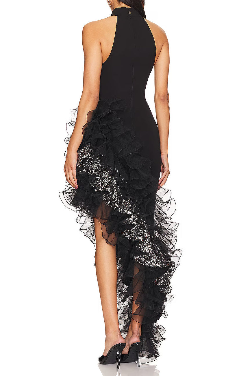 halter sleeveless Sequin Ruffle trim maxi dress in black Avalabel