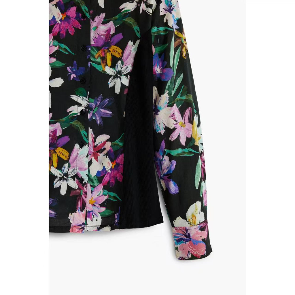 Black Vibrant Floral Print Long Sleeve Button-Down Shirt Avalabel