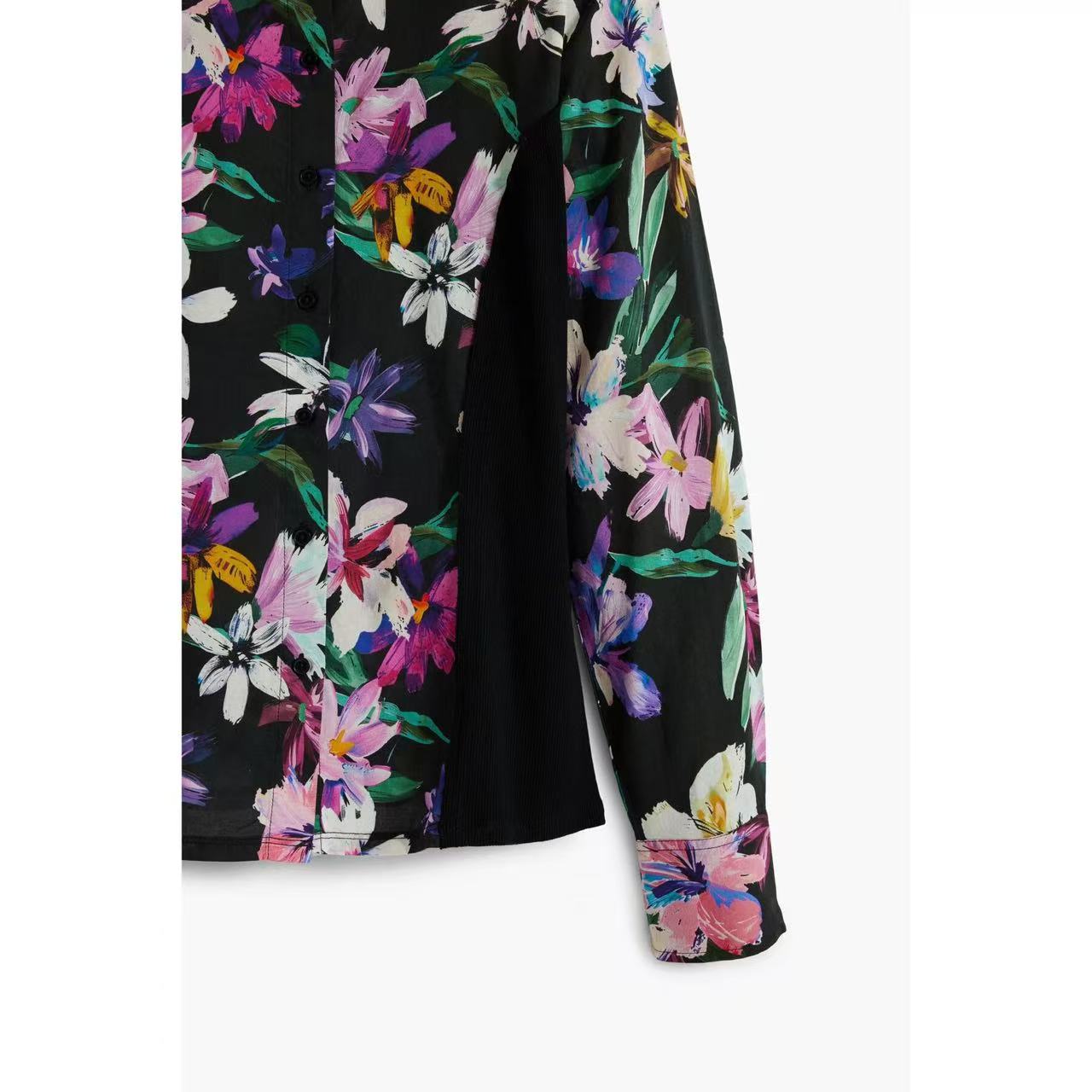 Black Vibrant Floral Print Long Sleeve Button-Down Shirt Avalabel