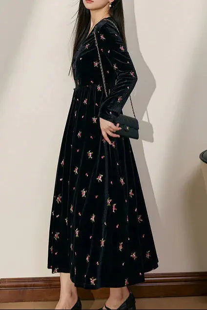 yuri v-neck Floral Embroidered Velvet maxi Dress in black Avalabel