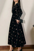 yuri v-neck Floral Embroidered Velvet maxi Dress in black Avalabel