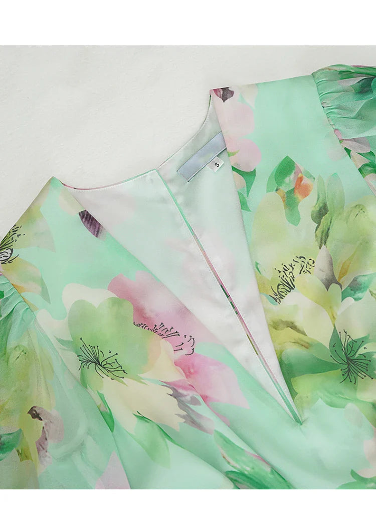 V Neck Floral Print Chiffon Maxi Dress in Green Avalabel