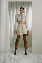 odelette Metal buttoned blazer skirt set in beige Avalabel