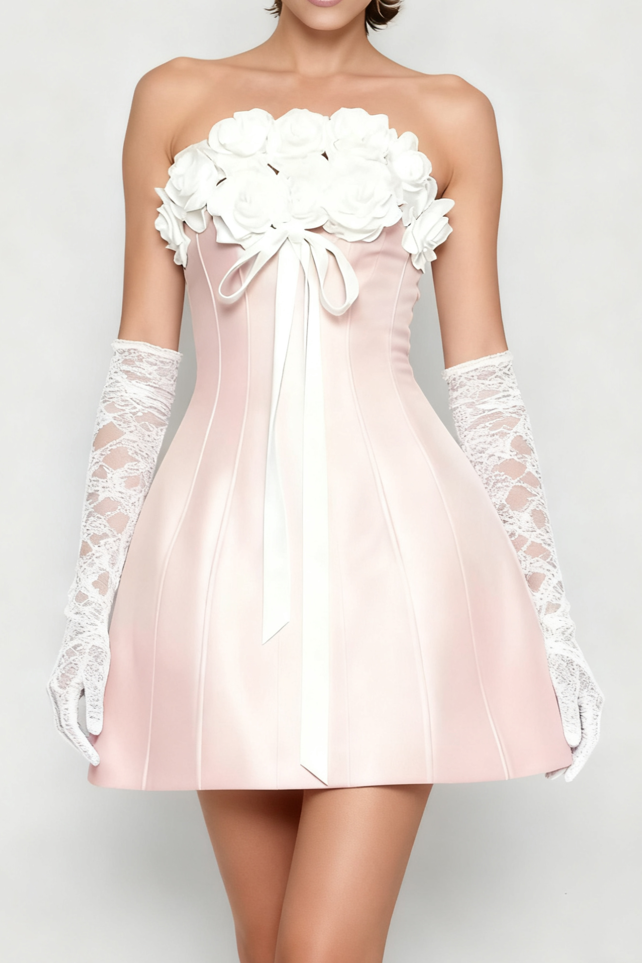 Gladys Strapless 3D Floral Corset A-Line Dress in Pink
