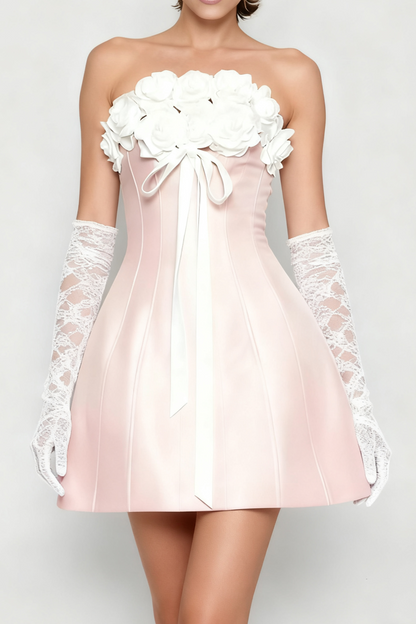 Gladys Strapless 3D Floral Corset A-Line Dress in Pink