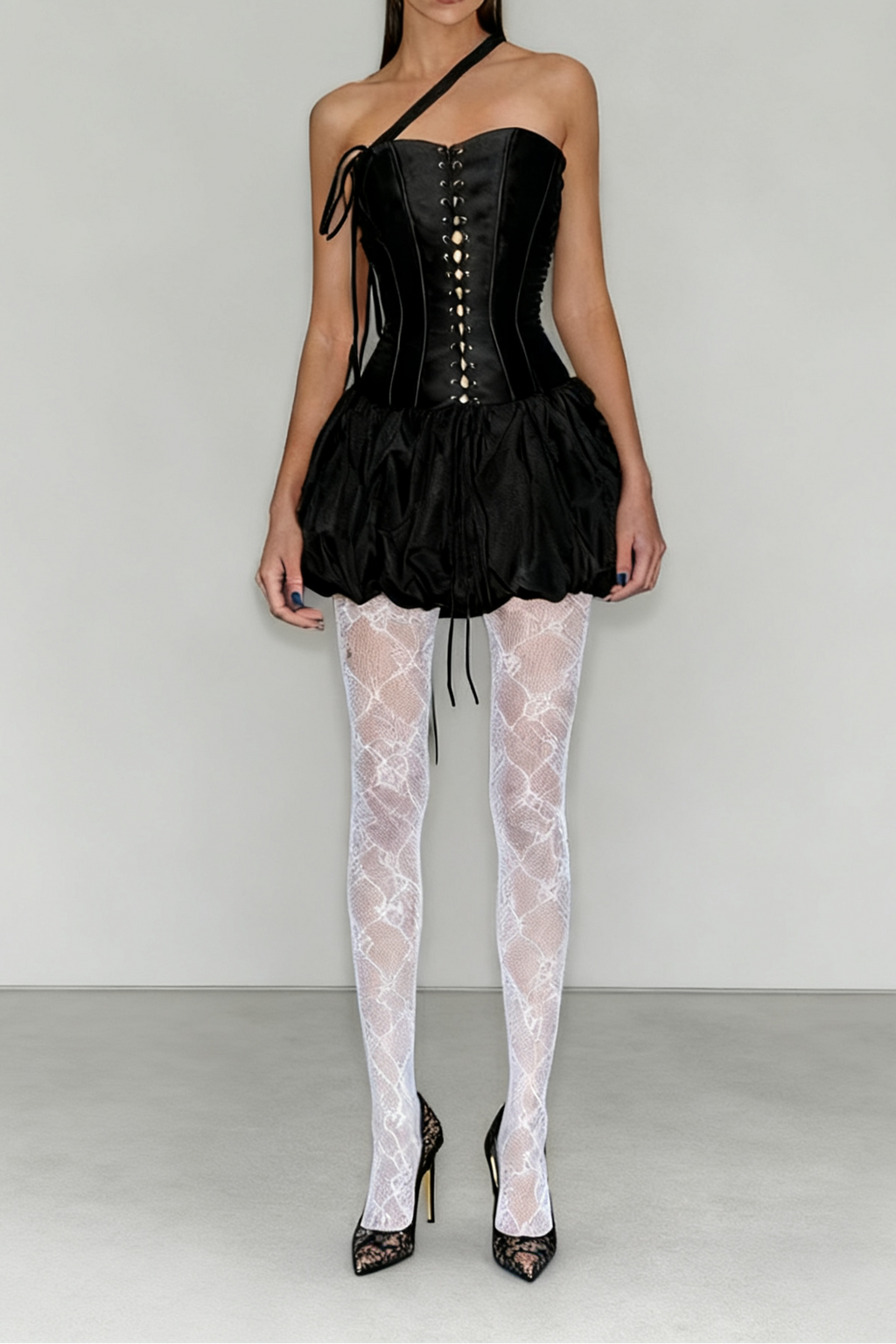 Gothic Lace Up Asymmetric Shoulder Strap Bandeau Tulip Mini Dress Avalabel