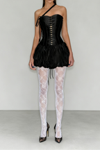 Gothic Lace Up Asymmetric Shoulder Strap Bandeau Tulip Mini Dress Avalabel