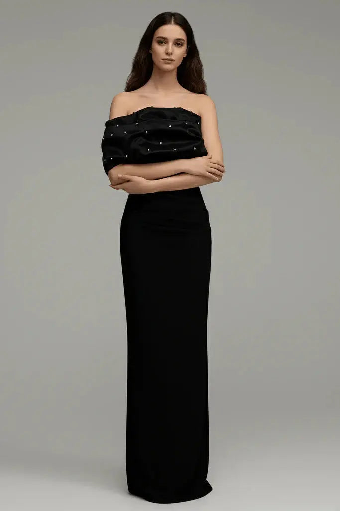 rosemary Black Pearl Embellished Draped strapless maxi dress Avalabel
