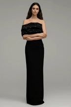 rosemary Black Pearl Embellished Draped strapless maxi dress Avalabel