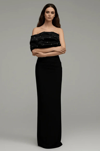 rosemary Black Pearl Embellished Draped strapless maxi dress