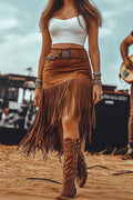 Retro High-waisted Casual Tassel Midi Skirt Avalabel