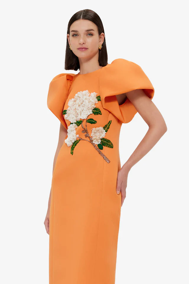 Edwina Embellished Maxi Dress Hydrangea Print in Tangerine Avalabel
