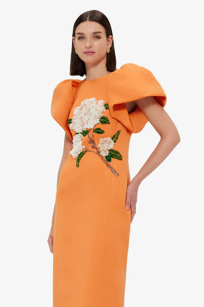 Edwina Embellished Maxi Dress Hydrangea Print in Tangerine