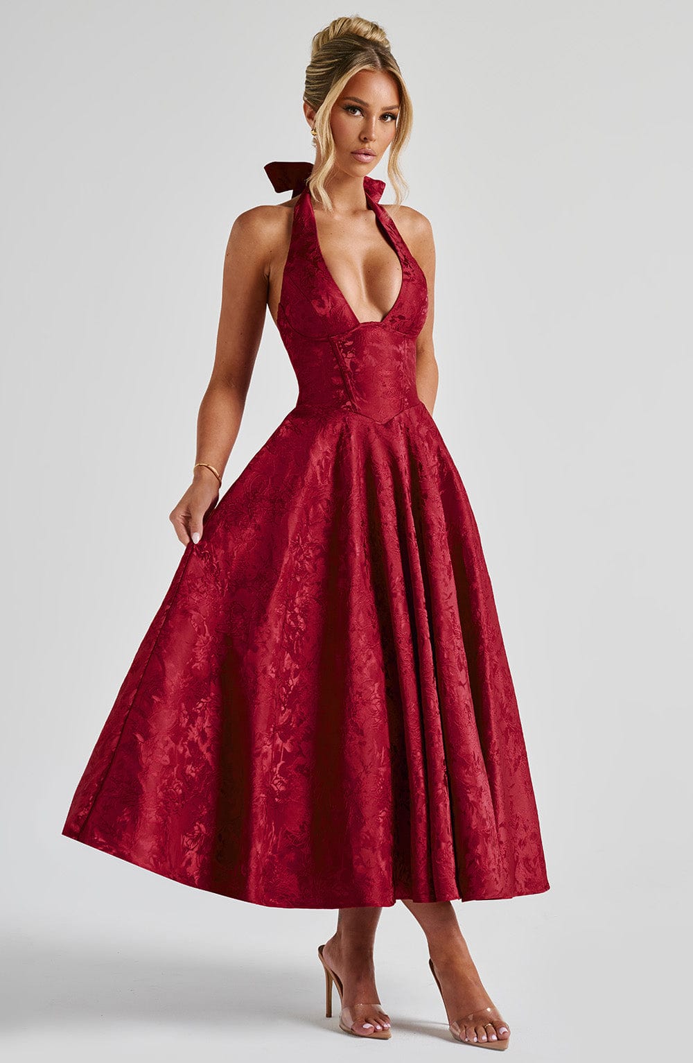 Effie back bow Midi Dress - Red Avalabel