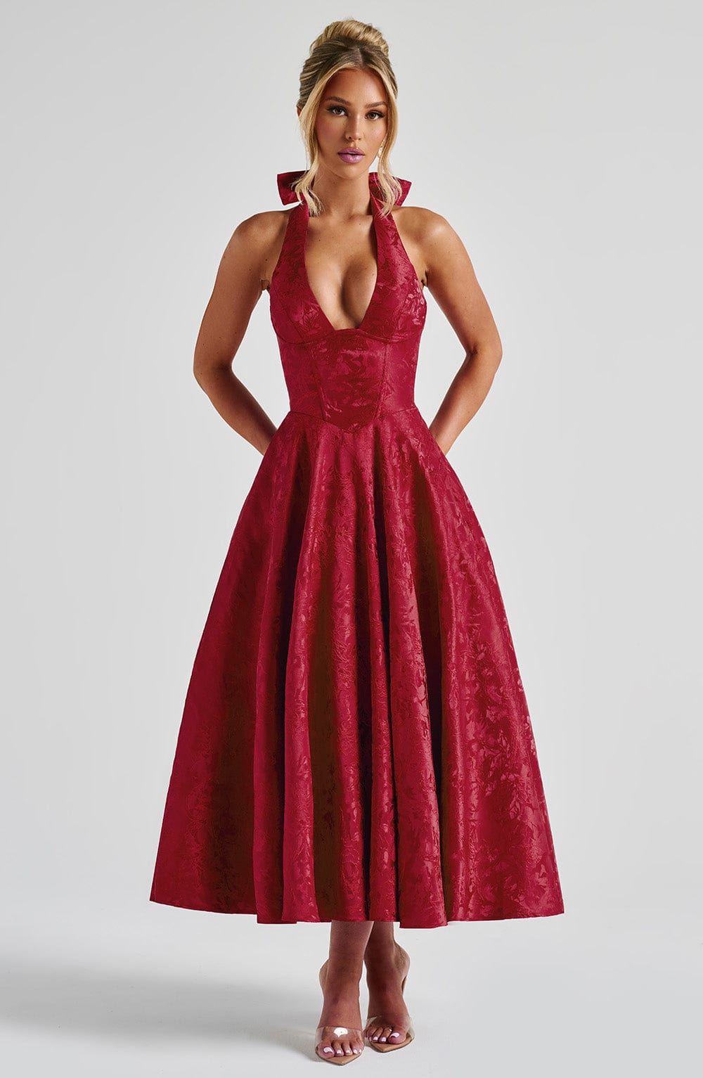 Effie back bow Midi Dress - Red Avalabel