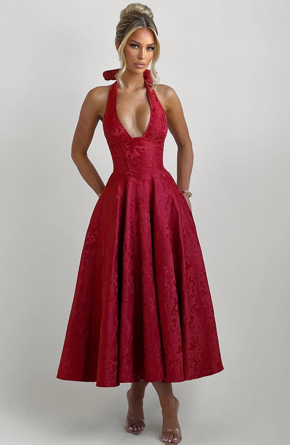 Effie back bow Midi Dress - Red Avalabel