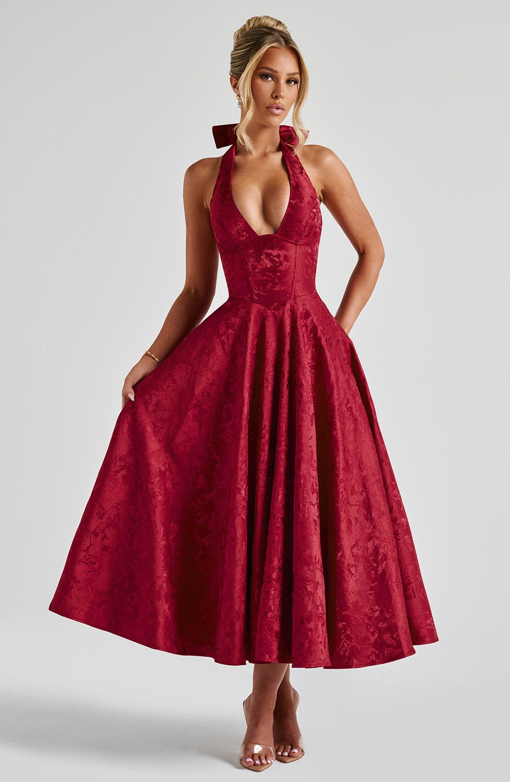 Effie back bow Midi Dress - Red Avalabel