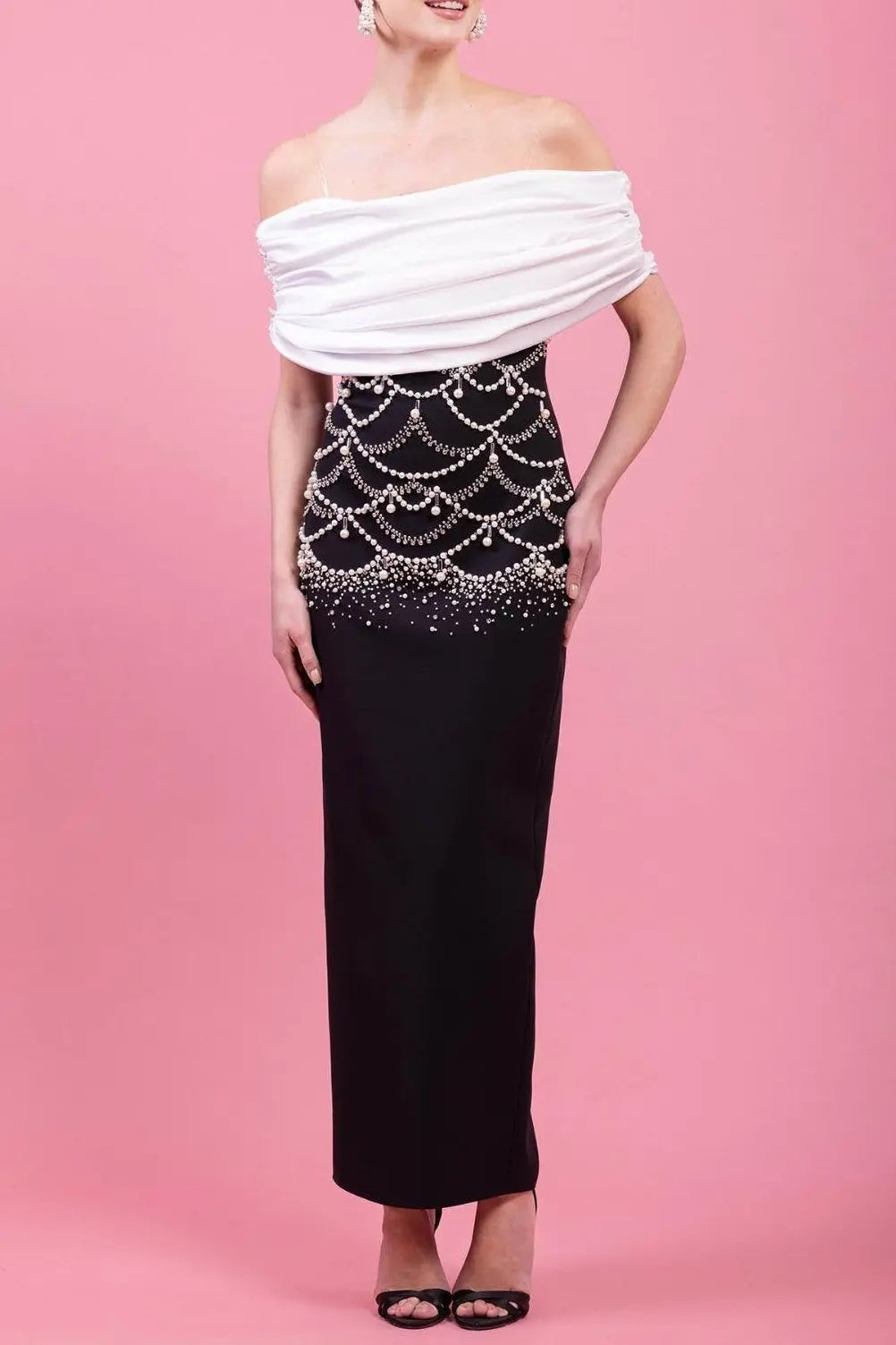 teresa beading rhinestone strapless midi dress in black Avalabel
