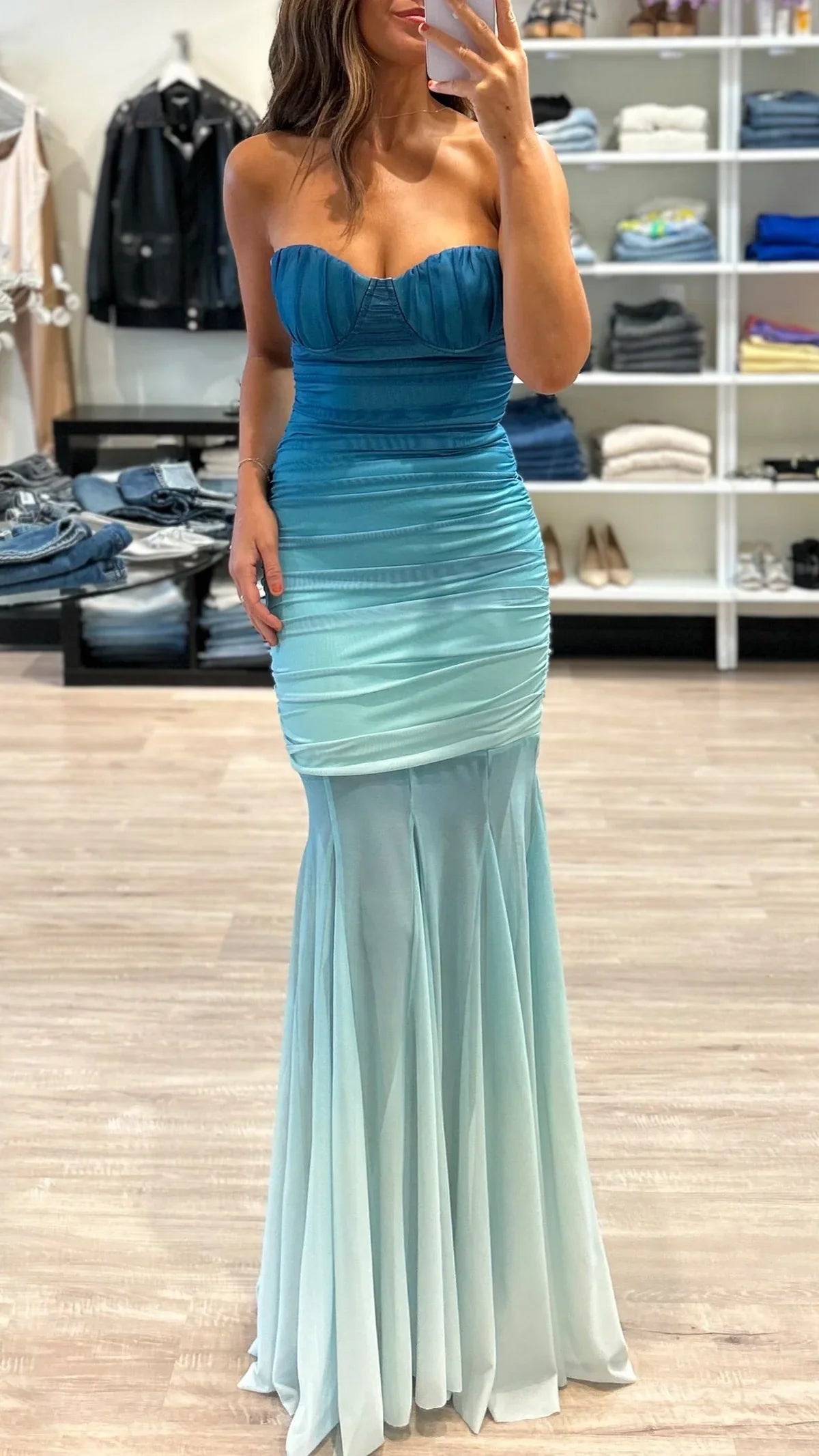 Gradient Mesh Splicing Bodycon Strapless Maxi Dress In Blue Avalabel