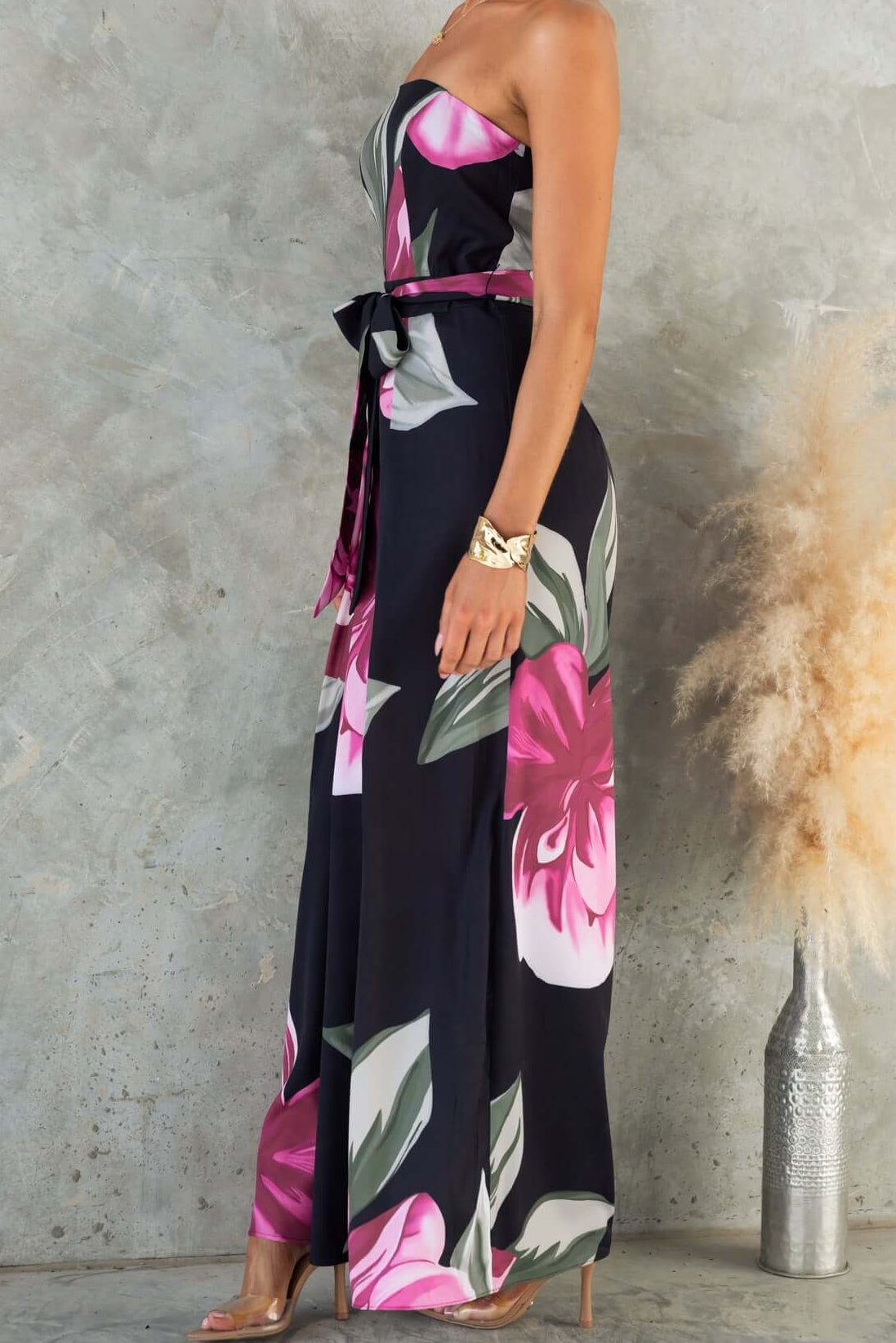 Black Strapless Floral Print Maxi Dress with Belt Avalabel