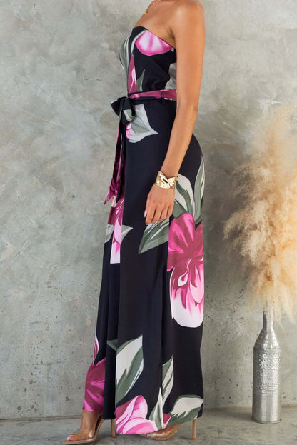 Black Strapless Floral Print Maxi Dress with Belt