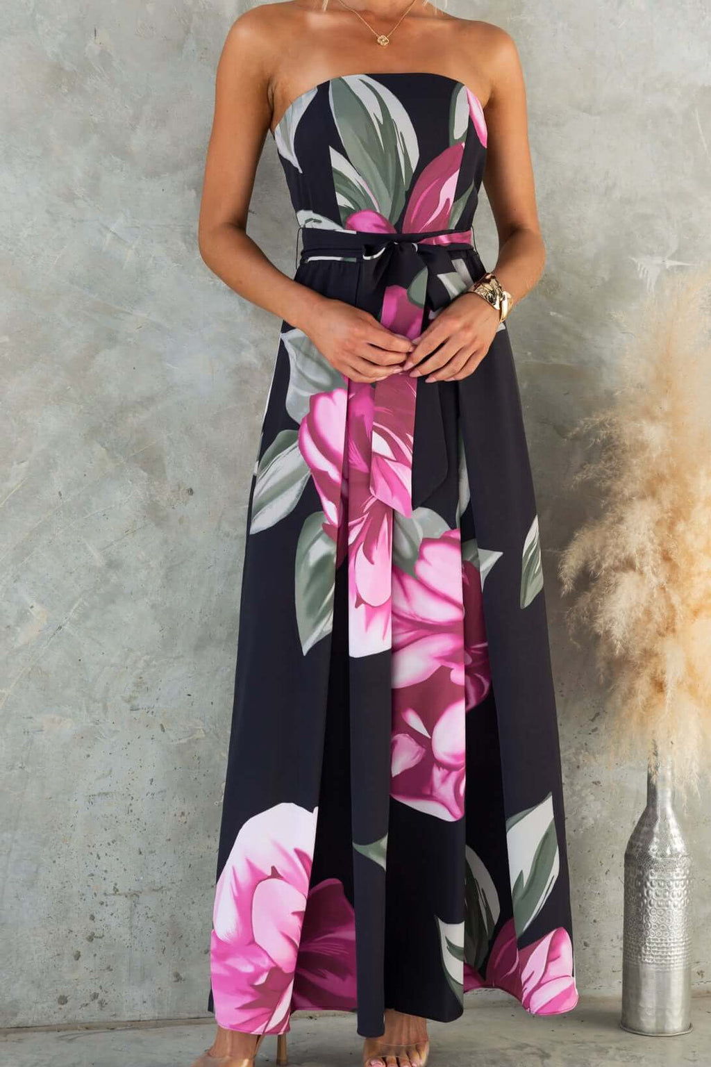 Black Strapless Floral Print Maxi Dress with Belt Avalabel