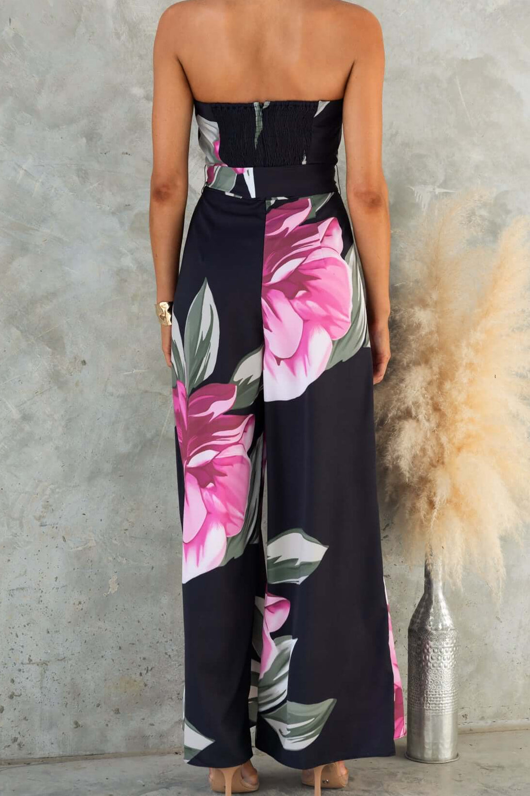 Black Strapless Floral Print Maxi Dress with Belt Avalabel