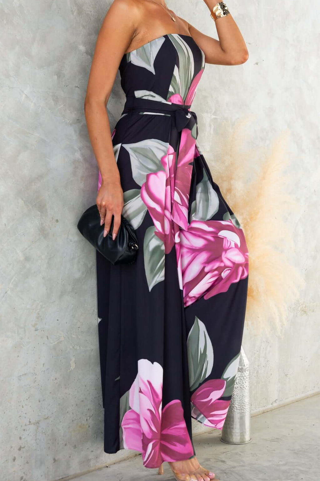 Black Strapless Floral Print Maxi Dress with Belt Avalabel