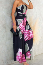 Black Strapless Floral Print Maxi Dress with Belt Avalabel