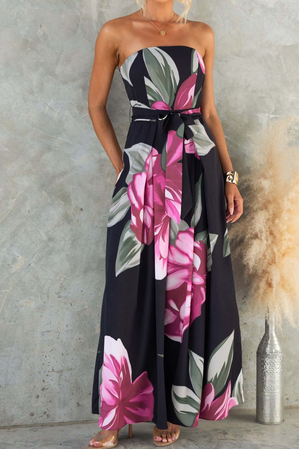 Black Strapless Floral Print Maxi Dress with Belt Avalabel