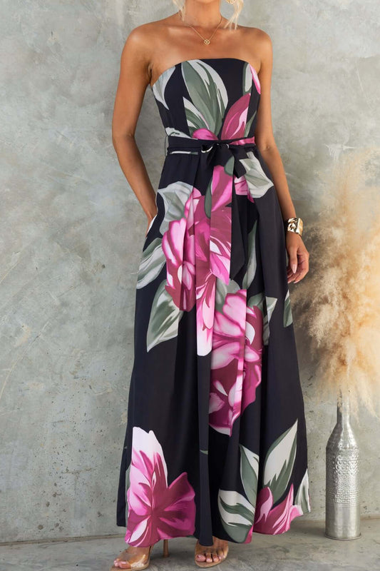 Black Strapless Floral Print Maxi Dress with Belt