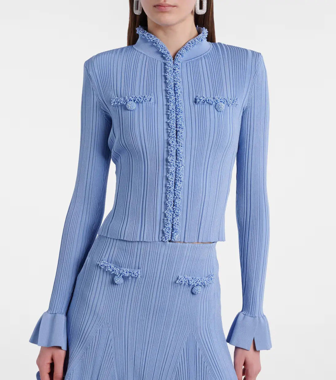 Polly Blue Beaded Knit Blouse & Skirt Set Avalabel