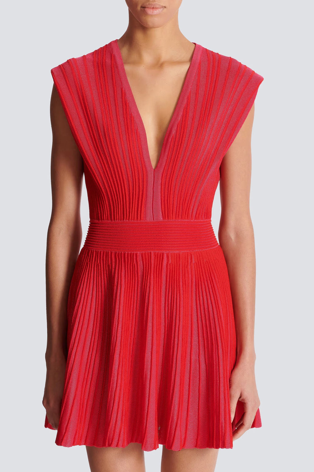 V-Neck Sleeveless Flared Knit Mini Dress in Red Avalabel