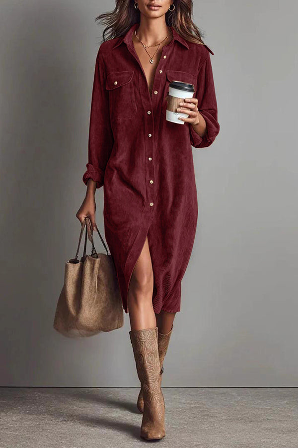 Solid Color Single-Breasted Pocket Casual Shirt-Style Midi Dress Avalabel