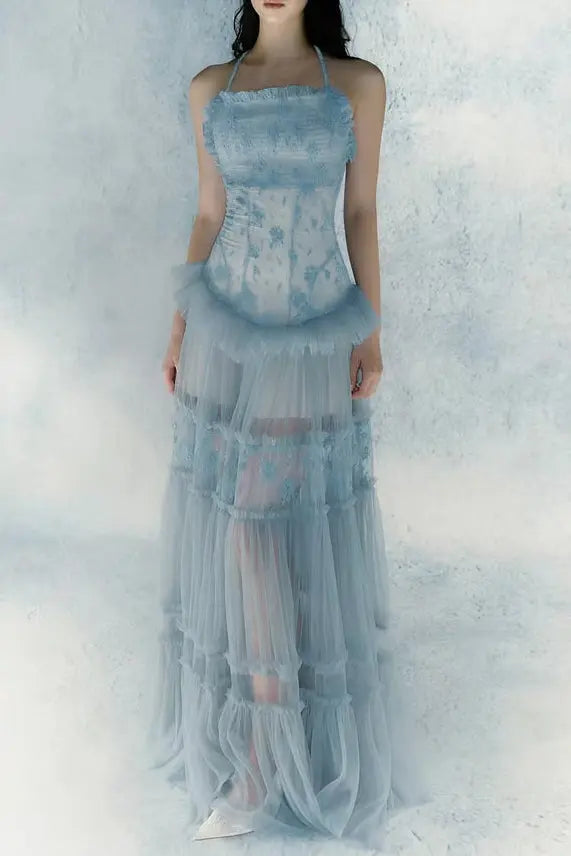 Hermosa Lace Splicing Layer Maxi Dress in Blue Avalabel