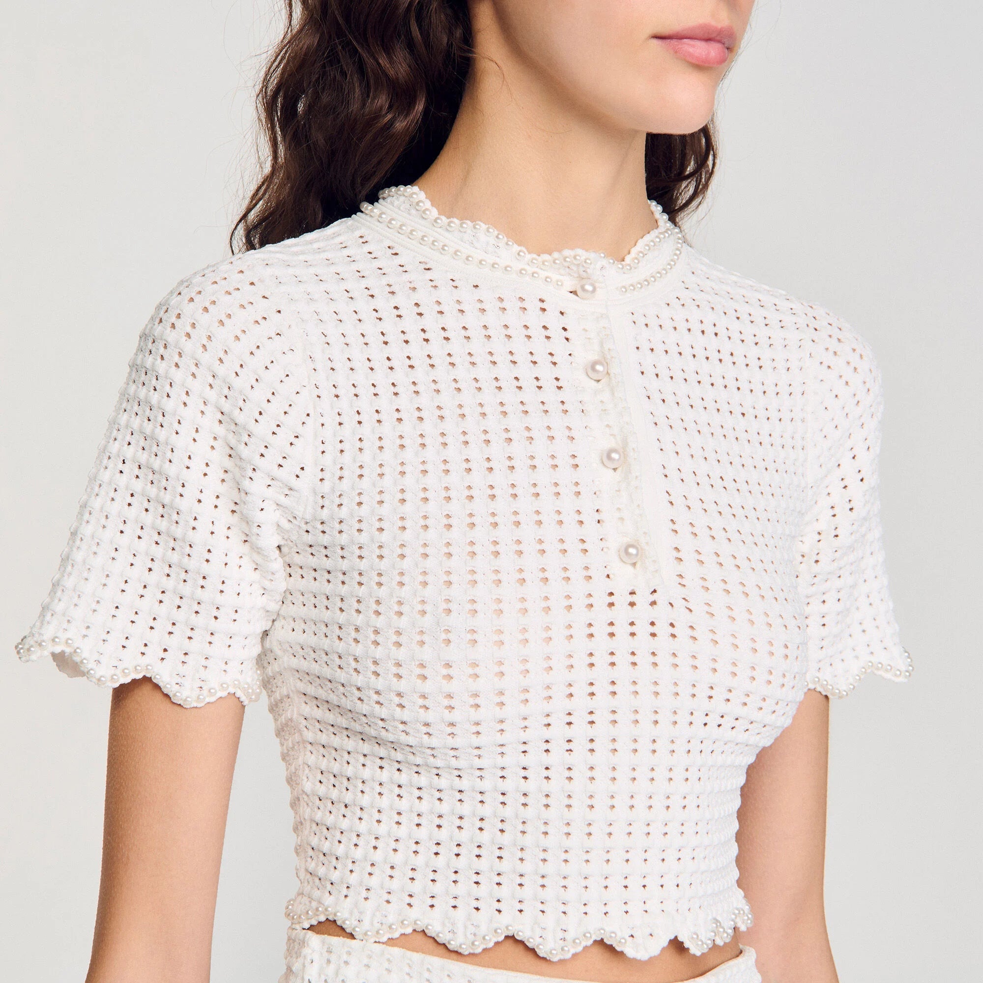 Angela Ruffle Trim Pearl Beaded Knit Sweater Avalabel