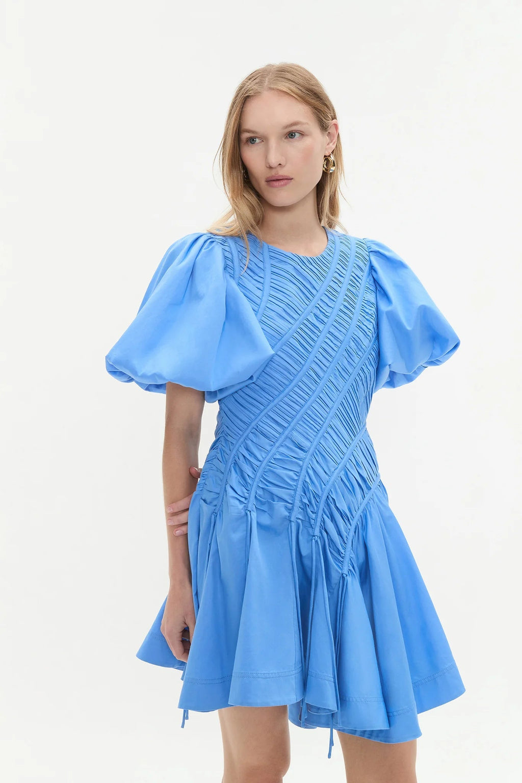 Eudora Asymmetric Pleated Puff Sleeve Mini Dress in Mist Blue Avalabel