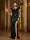 Green Sequin Short Sleeve Ruffled Cocktail Dress Avalabel