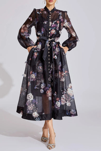 Tiffany Black Floral Printed Puff Sleeve Maxi Dress