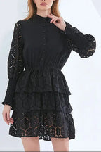 vanessa Long Sleeves Layered Lace Mini Dress in black Avalabel