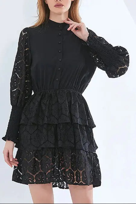 vanessa Long Sleeves Layered Lace Mini Dress in black Avalabel