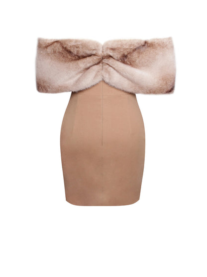 Turmeric Off Shoulder Fur Trim Mini Dress
