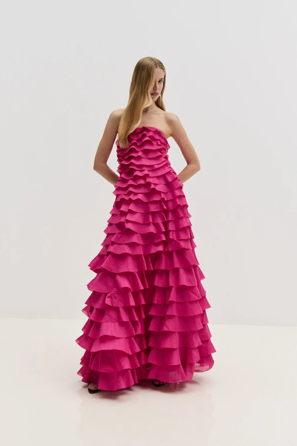 Cathy Pleated Layer Strapless Maxi Dress in Rose Red Avalabel