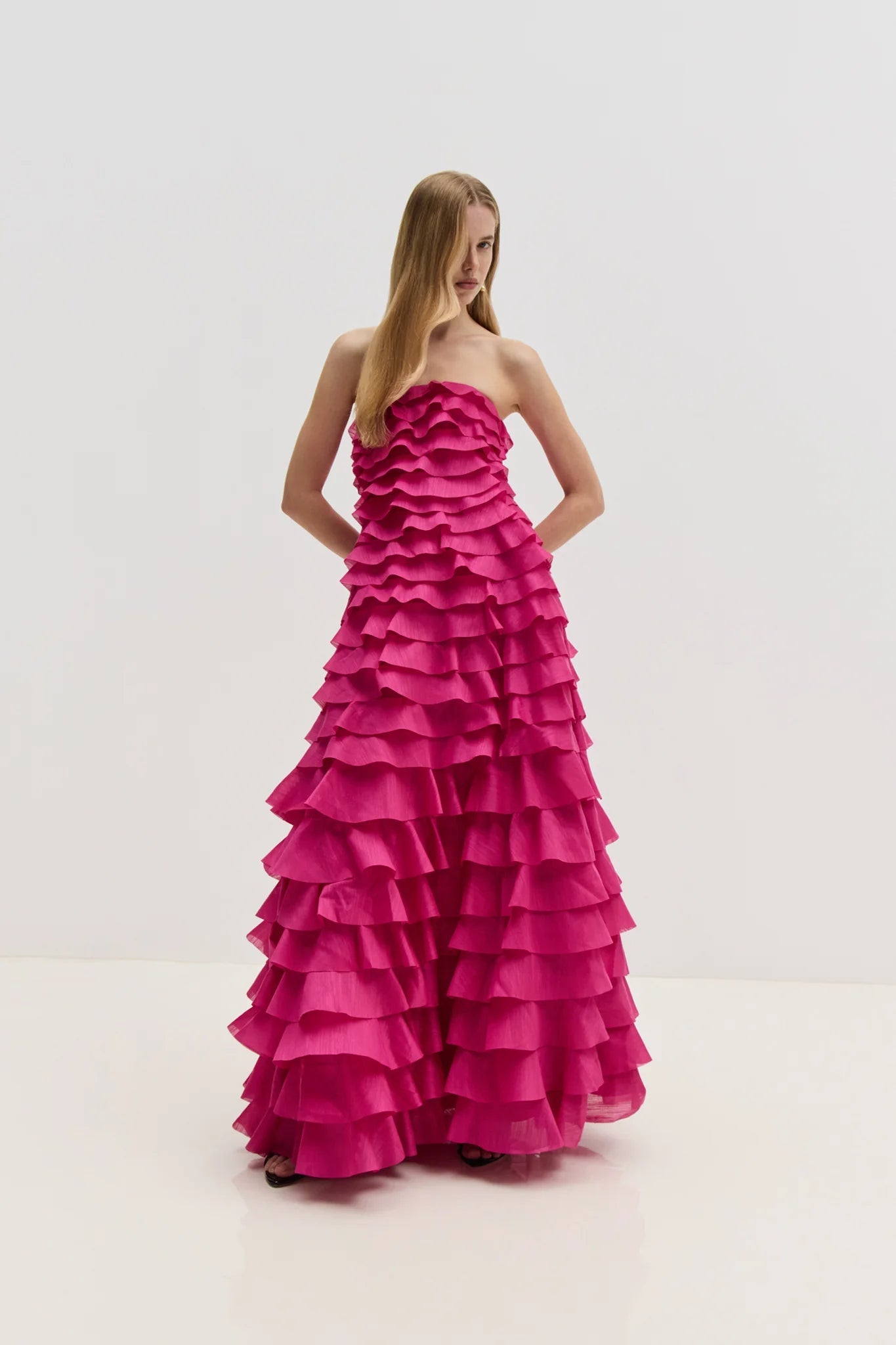 Cathy Pleated Layer Strapless Maxi Dress in Rose Red