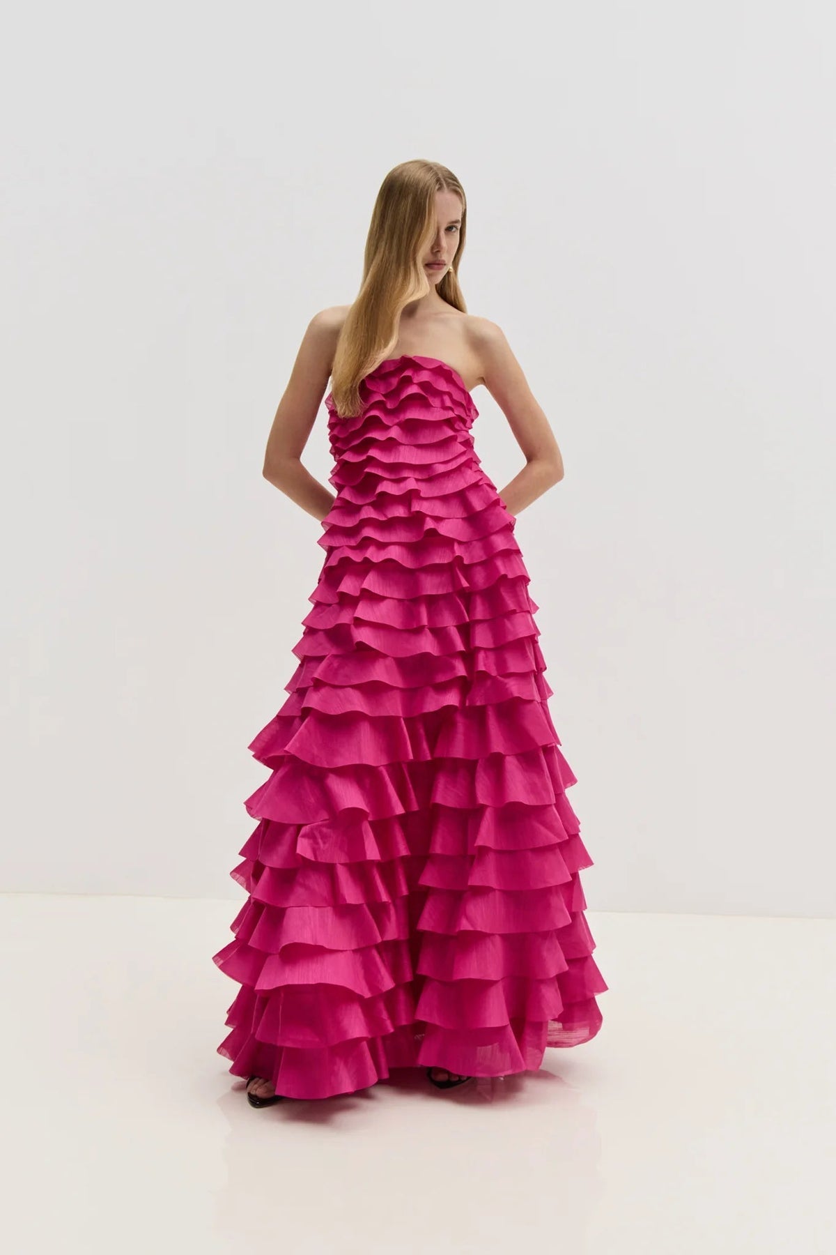 Cathy Pleated Layer Strapless Maxi Dress in Rose Red Avalabel