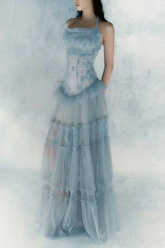 Hermosa Lace Splicing Layer Maxi Dress in Blue Avalabel