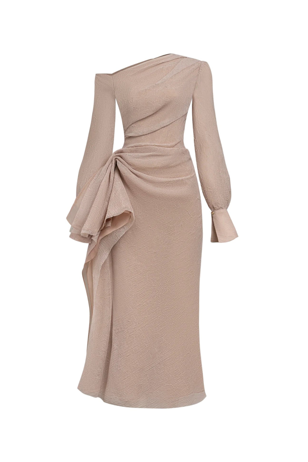 brianna Asymmetric Long Sleeve pleated maxi Dress in beige Avalabel