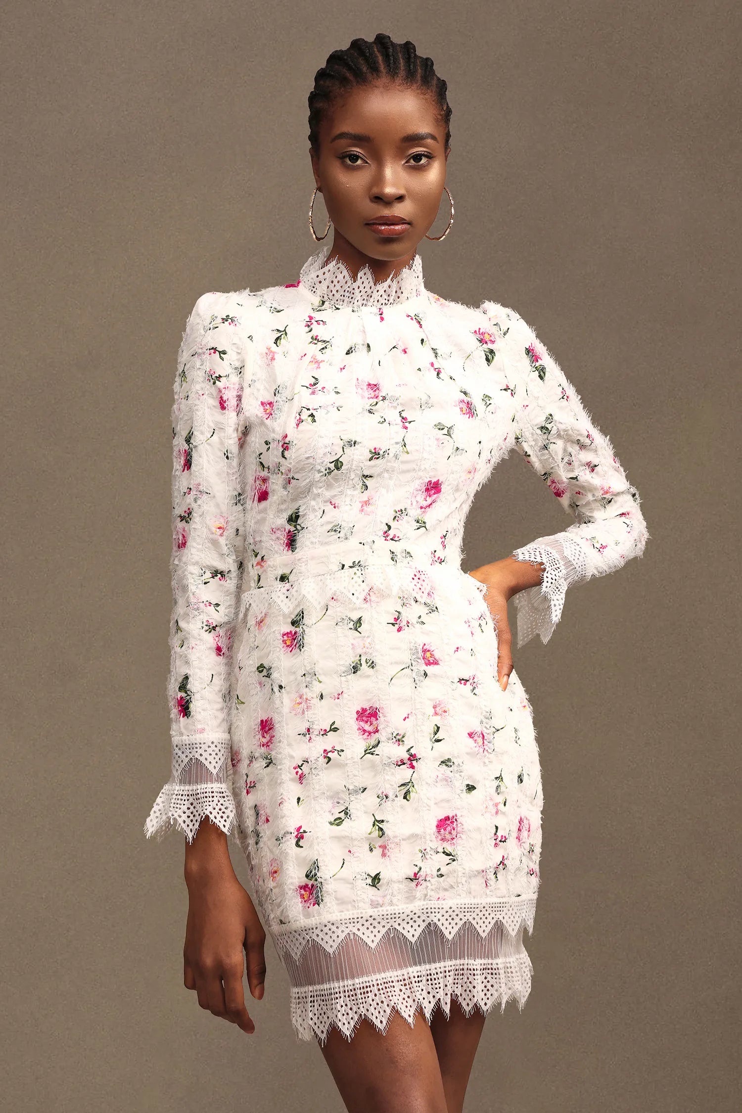 sebastiane Lace-trim long-sleeve floral midi dress in white Avalabel